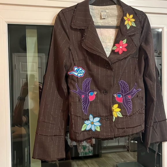 Lucca M Patchwork Denim Jacket 70's Hippie Style Embroidered Loose Threads Lined - Picture 2 of 7